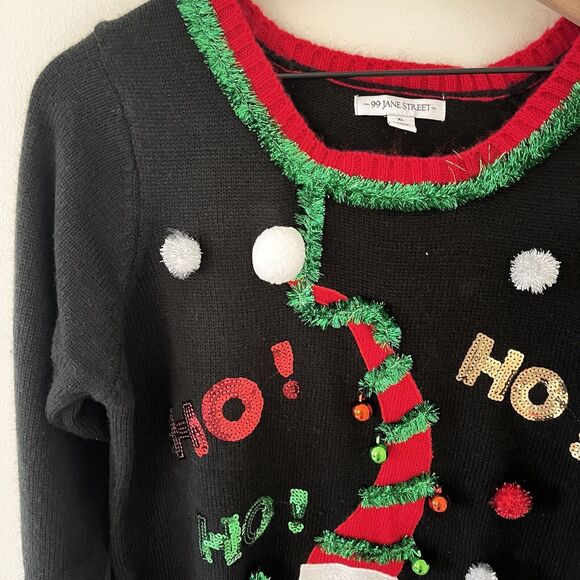 Women's Ugly Christmas Sweater Size XL Santa HO HO HO Embellished Knit Tunic - Picture 2 of 7